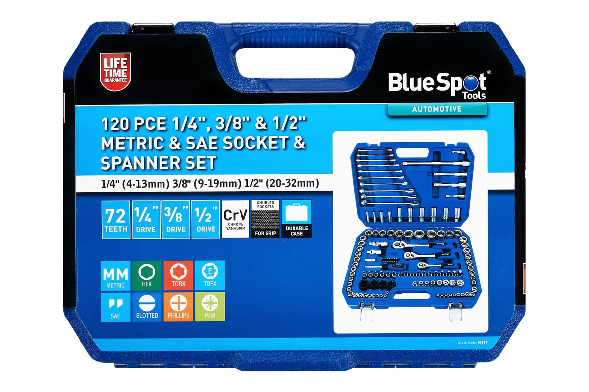Blue Spot Tools 120-Piece 1/4", 3/8" & 1/2" Metric & SAE Socket & Spanner Set (1/4" 4-13mm) (3/8" 9-19mm) (1/2" 20-32mm)