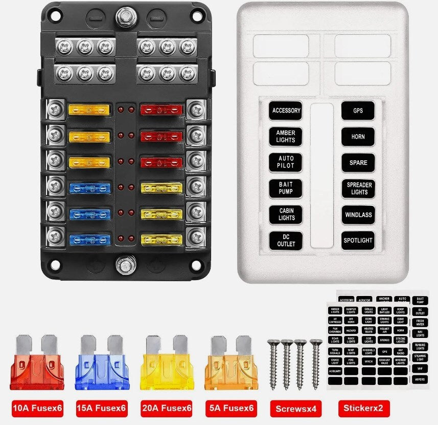 12-Way Blade Fuse Box with Cover, 12–24 V - image 1