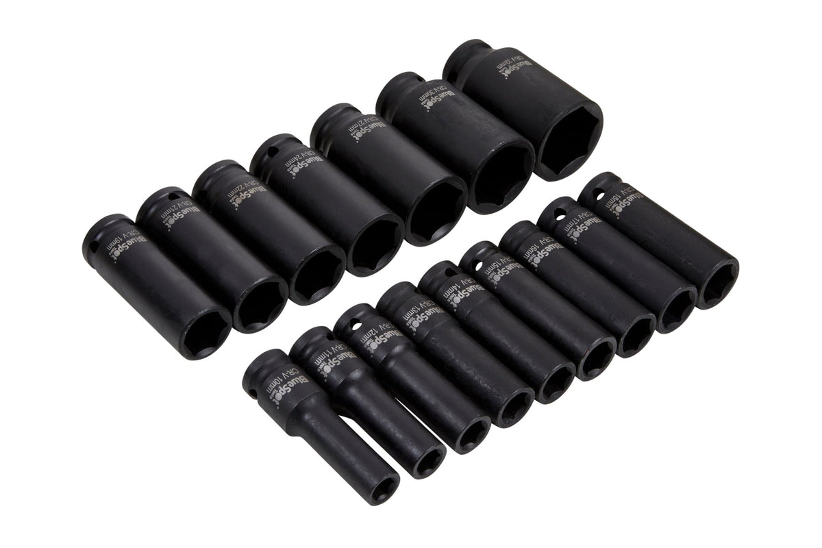 Blue Spot Tools 16-Piece 1/2" Metric Deep Impact Sockets (10-32mm)