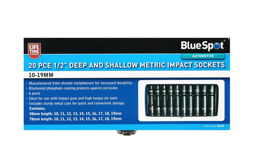 Blue Spot Tools 20-Piece 1/2" Deep and Shallow Metric Impact Sockets (10-19mm)