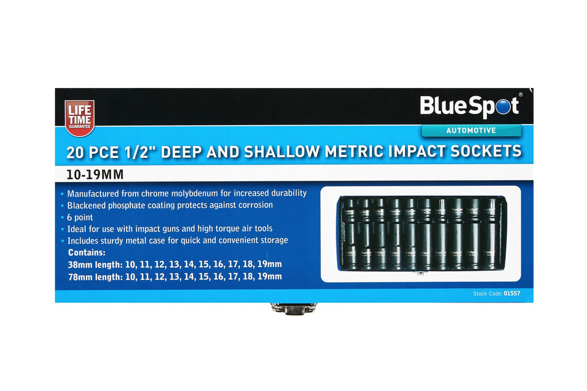 Blue Spot Tools 20-Piece 1/2" Deep and Shallow Metric Impact Sockets (10-19mm)