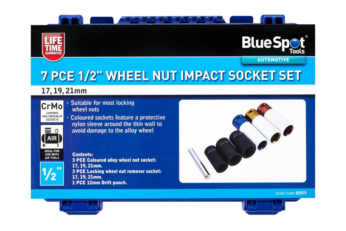 Blue Spot Tools 7-Piece 1/2" Wheel Nut Impact Socket Set (17, 19, 21mm)
