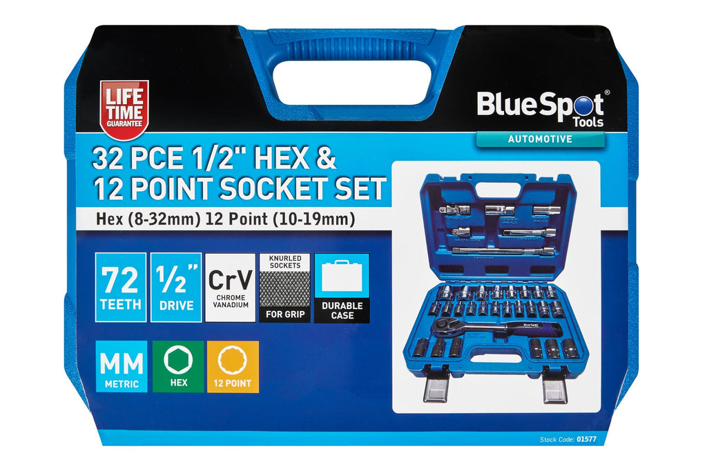 Blue Spot Tools 32-Piece 1/2" Hex & 12 Point Socket Set (Hex 8-32mm) (12 Point 10-19mm)