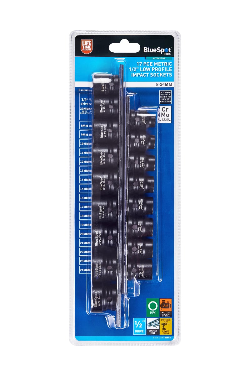 Blue Spot Tools 17-Piece Metric 1/2" Low Profile Impact Sockets (8-24MM)