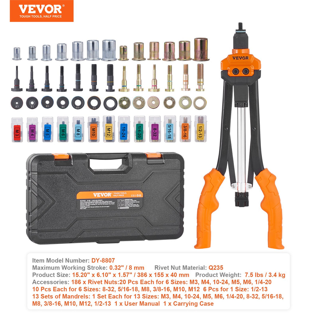Rivet Nut Tool Kit, 40.6 cm, with 13 Mandrels & 186 Rivet Nuts - image 2