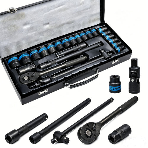 1/2" Drive Ratchet & Metric Socket Set, 8–32 mm, in Metal Case - image 1
