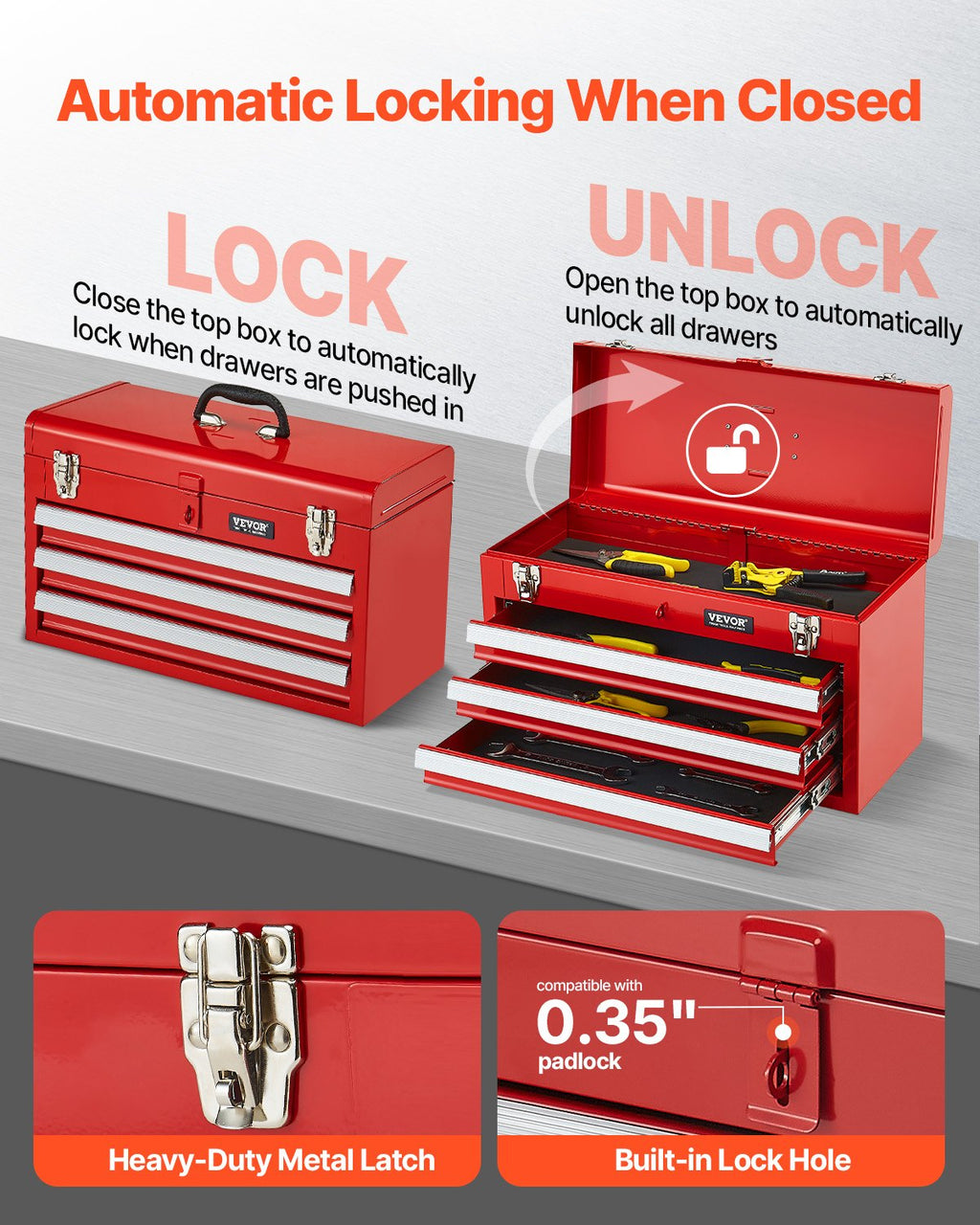 3-Drawer Metal Tool Chest, 52 cm, Red - image 3