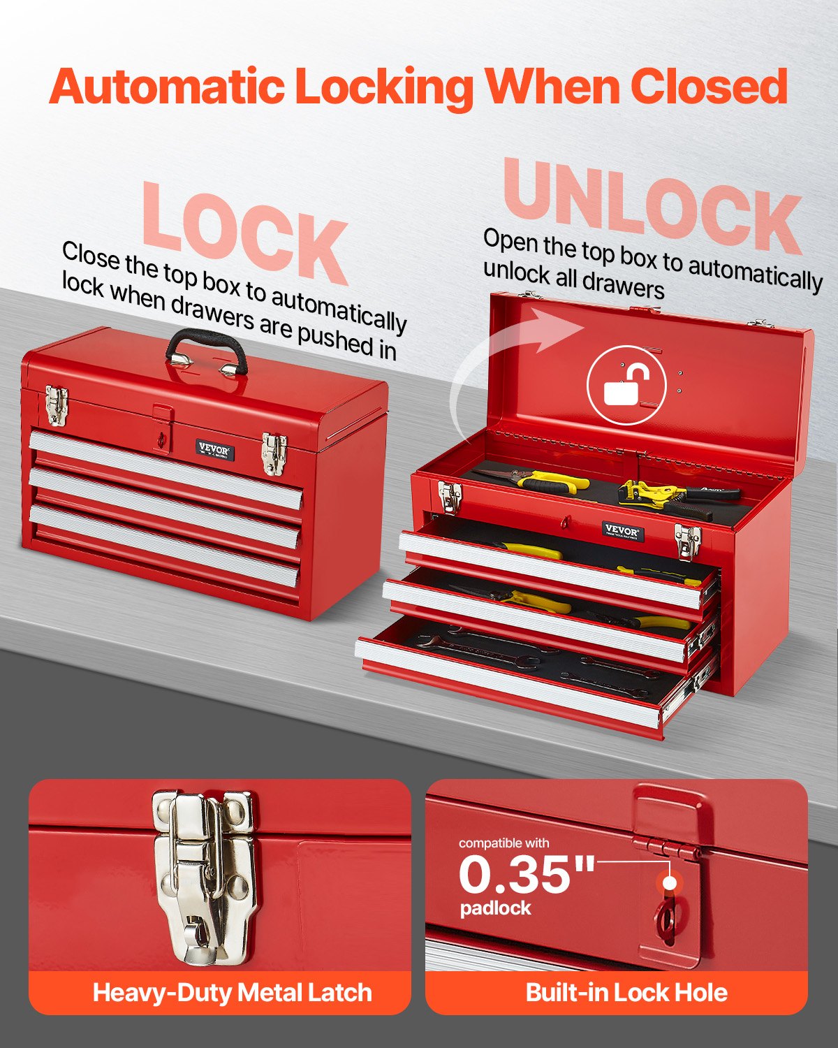 3-Drawer Metal Tool Chest, 52 cm, Red - image 3