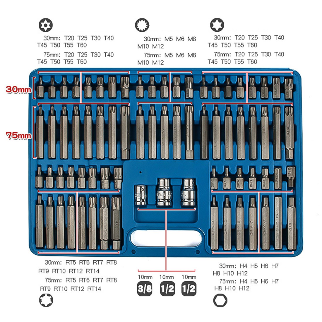 75-Piece 3/8" & 1/2" Drive Torx, Hex, Spline & Ribe Bit Socket Set - image 2