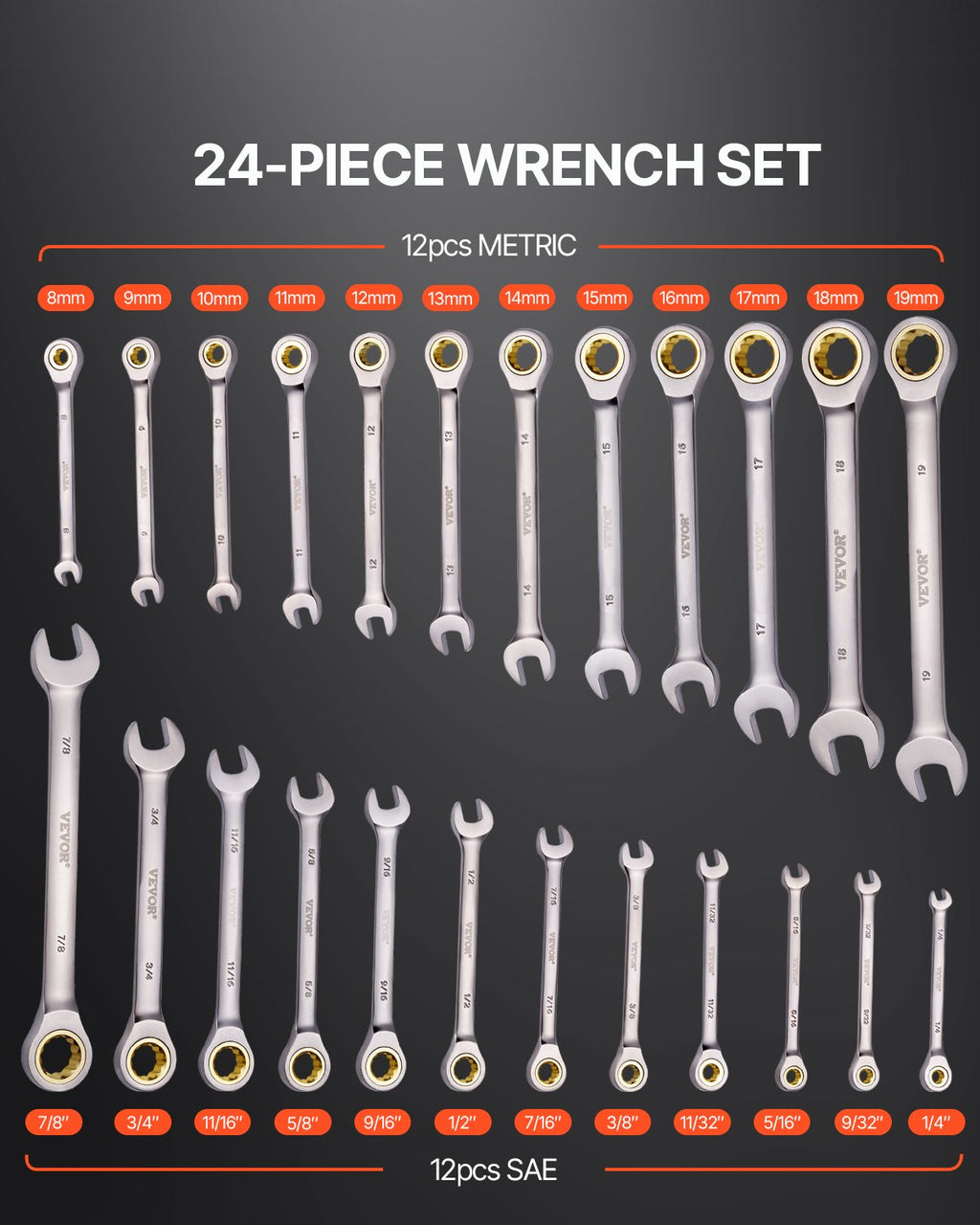 VEVOR metric and SAE ratcheting combination spanner set