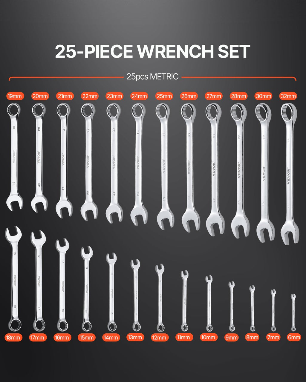 VEVOR 25-piece combination spanner set with roll-up pouch