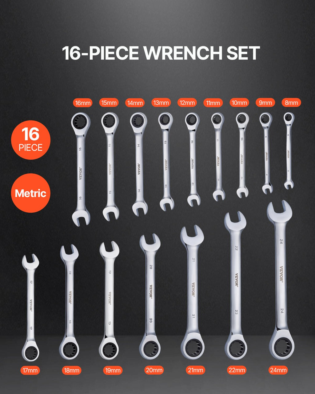 VEVOR 16-piece ratcheting combination spanner set