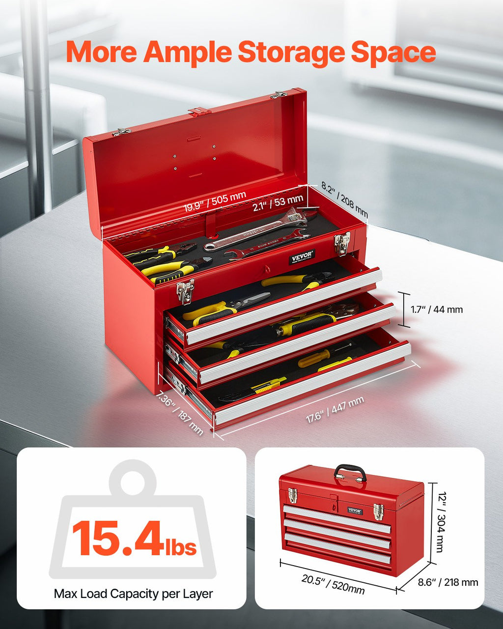 3-Drawer Metal Tool Chest, 52 cm, Red - image 2
